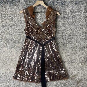 Free People Dress Womens 2 Bronze Sequin V Neck Ruffle Mini Party Cocktail Sash